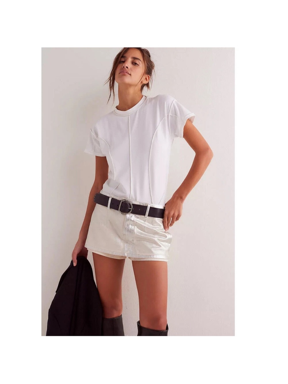 Free People White Denim Skort with Black Belt